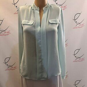 Candie's. Size S. Aqua Chiffon Beaded Embellished Pullover Blouse Long Sl. B11